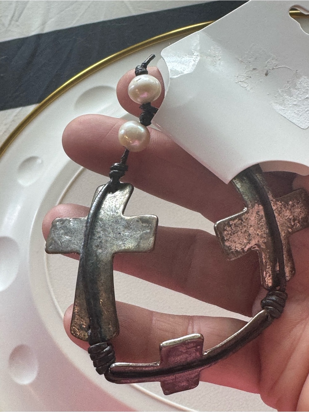 Womens Silver-Tone Cross Bracelet with Pearl Accents